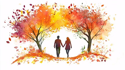 Couple holding hands in a vibrant autumn landscape