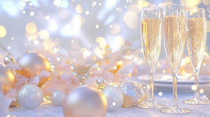 Glamorous New Year's Eve Party Scene with Sparkling Champagne Glasses and Festive Decorations