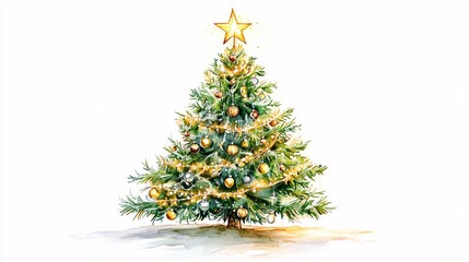 Elegant watercolor Christmas tree with metallic ornaments