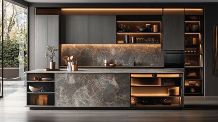 Modern Kitchen Interior with Marble Backsplash and Island Countertop