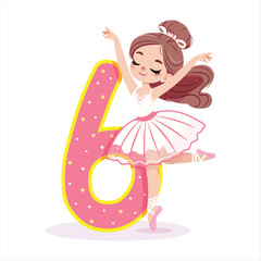 Pretty ballerina girl in white dress dancing with number 6 on white background. Poster, Banner, Flyer, Greeting Card. Vector illustration in flat cartoon style