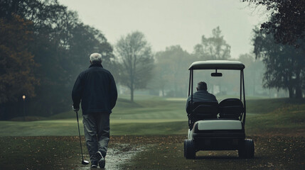 gloomy day two elderly men navigate pristine golf course upscale village one walking club while other relaxes cart.