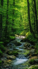 Obraz premium Serene Mountain Stream Winding Through Lush Greenery