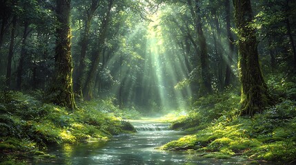 Obraz premium Sunbeams illuminate a lush green forest with a winding stream in the middle.