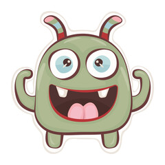 Cute groovy monster sticker, vector green character, hippy and trippy avatar, trendy funky illustration