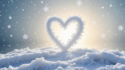 Naklejka premium Snowy heart in winter wonderland against glowing sky