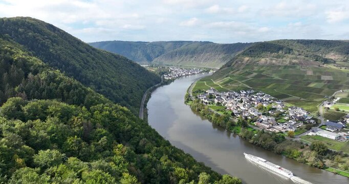 Aerial drone video of a valley in the town of Beilstein on the Moselle river in the German state of Rhineland Palatinate
