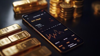 Gold bars and coins placed next to a phone showing a stock trading app with market trends
