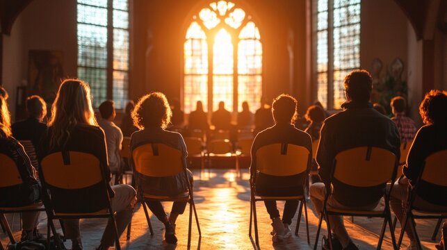 Individuals sit warm inviting church engaged heartfelt discussions Alcoholics Anonymous meeting illuminated soft evening light.