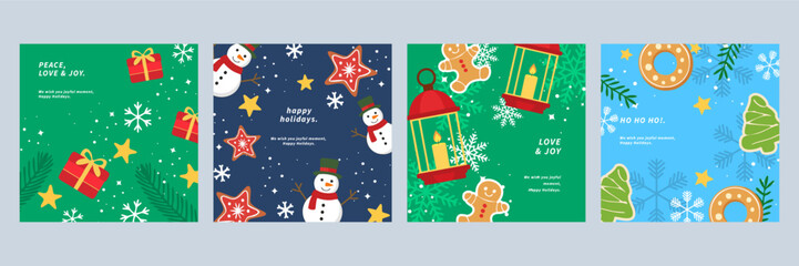 Festive Christmas Card Designs with Ornaments. A collection of illustrated Christmas cards featuring festive elements like Christmas trees, ornaments, and gifts