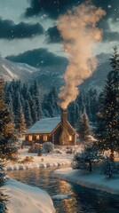 Serene Snowy Landscape with Rustic Cabin and Smoke