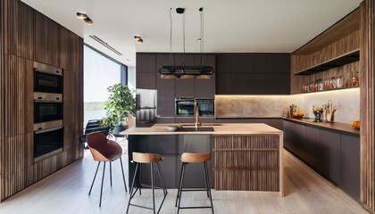 Modern kitchen interior with dark wood cabinets and island. 3D Rendering