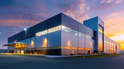 Obraz premium Modern Industrial Warehouse at Sunset