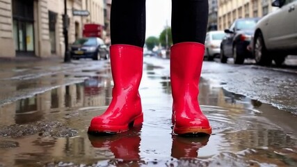 A close-up of bright red boots standing in a rain puddle on a city street, capturing a vibrant urban lifestyle during a rainy day.
