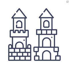 Obraz premium Castle icon featuring two towers in a playful design, blue outline on a white background