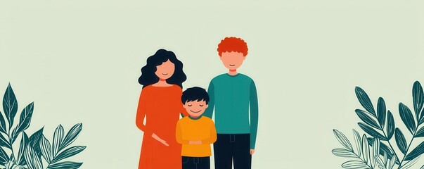 A colorful illustration of a family of three standing together, surrounded by leaves, conveying warmth and togetherness.