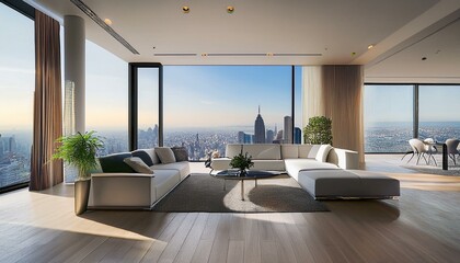 Modern Living Room with City View. 3D Rendering