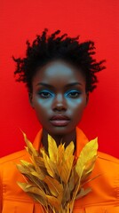 Striking Portraits of Model in Bold Orange Outfit with Gold Leaf Accents Against a Vibrant Red Background