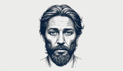 Detailed illustration of a bearded man with long hair expressing a thoughtful demeanor, against a simple background