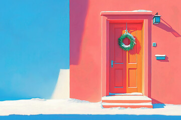 Festive winter postcard featuring a colorful orange door adorned with a wreath, vibrant house walls