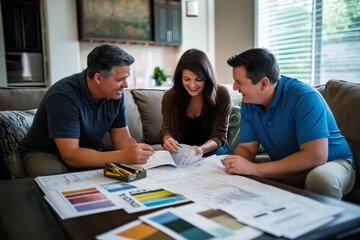 Obraz premium Family discussing home renovation plans in their living room, blueprints and color swatches on the coffee table.
