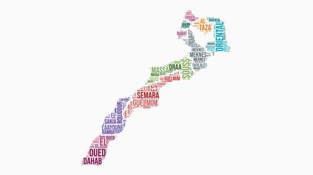 Morocco regions word cloud animation. Country logo animated video. Morocco colored text cloud. Regions typography style motion graphics. Beautiful video.