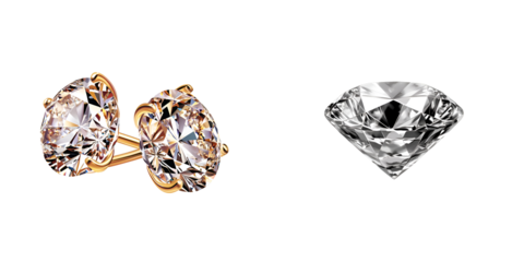 A pair of elegant diamond earrings next to a sparkling diamond, both showcasing luxury and sophistication against a black background.