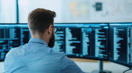 A man with a beard works on multiple computer monitors displaying code in a modern tech environment.