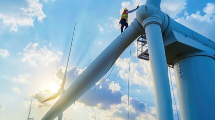 Maintenance Worker on Wind Turbine at Sunrise