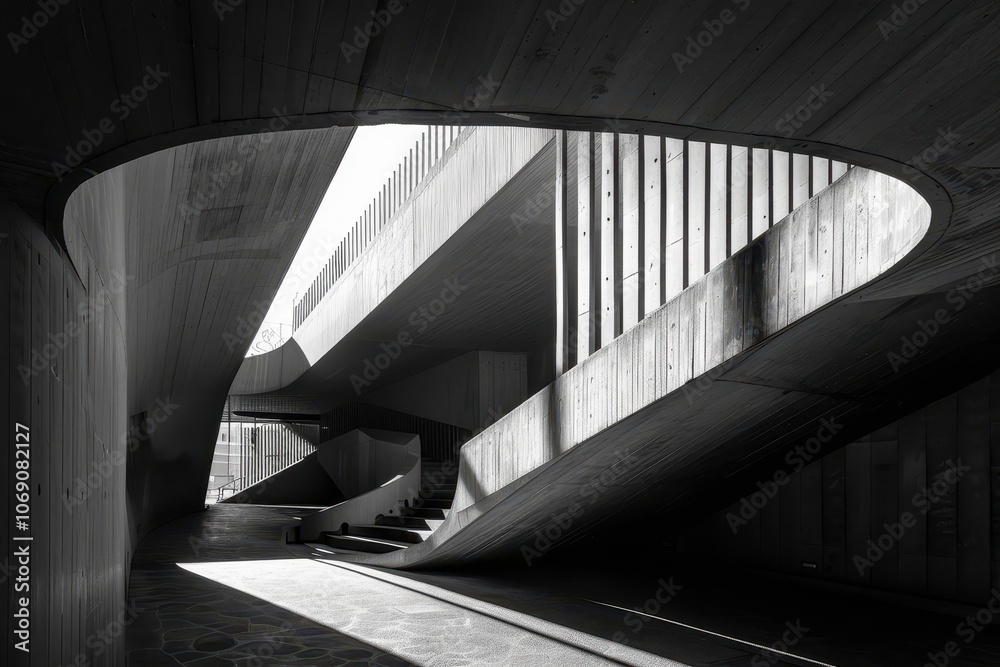 Poster Architectural interplay of light and shadow in modern concrete structure featuring curved lines and textured surfaces during a bright day