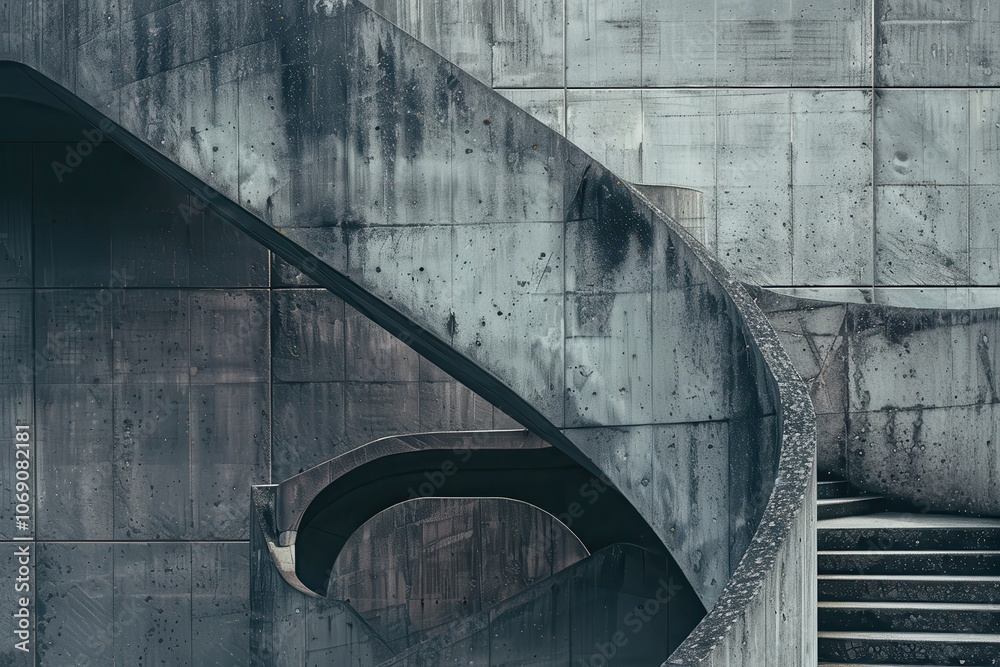 Poster Architectural interplay of light and shadow in modern concrete structure featuring curved lines and textured surfaces during a bright day