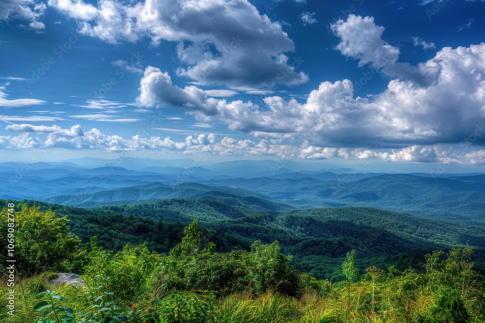 Aufkleber breathtaking view of rolling hills and mountains at dawn from a garden patio with blooming plants an
