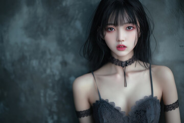 portrait of a korean woman with straight  hair  and dark makeup in a lace bodice on a textured background
