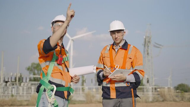 Renewable energy engineers working on wind turbine projects. Technician workers use a tablet to work together outdoors at windmill farms. Engineers research environmentally friendly ecology energy.