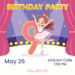 Invitation for Birthday Party with pretty ballerina girl in white dress dancing on stage. Ballerina with number 9. Poster, Banner, Flyer, Greeting Card. Vector illustration in flat cartoon style