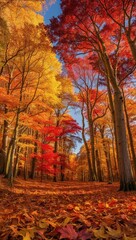 Vibrant autumn forest scene featuring golden and crimson foliage, with trees towering majestically and leaves carpeting the ground, evoking a serene and enchanting atmosphere.