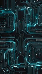 A close-up view of a futuristic circuit board pattern illuminated with turquoise and blue neon lights, evoking a sense of advanced technology and digital innovation.