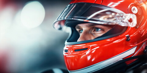 Race car driver wearing red helmet and preparing for race
