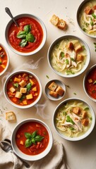 A vibrant assortment of hearty soups featuring rich tomato, creamy chicken noodle, and savory vegetable broth, garnished with fresh herbs and accompanied by crispy croutons.