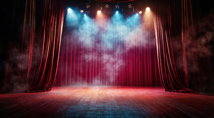 Red curtains opening on empty stage with smoke and dramatic lighting