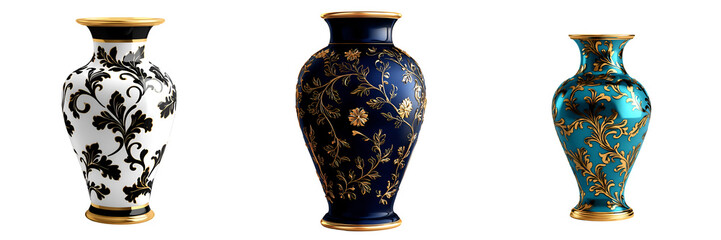 Three exquisitely designed vases featuring intricate patterns in contrasting colors against a dark background.