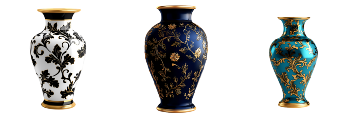 Three exquisitely designed vases featuring intricate patterns in contrasting colors against a dark background.