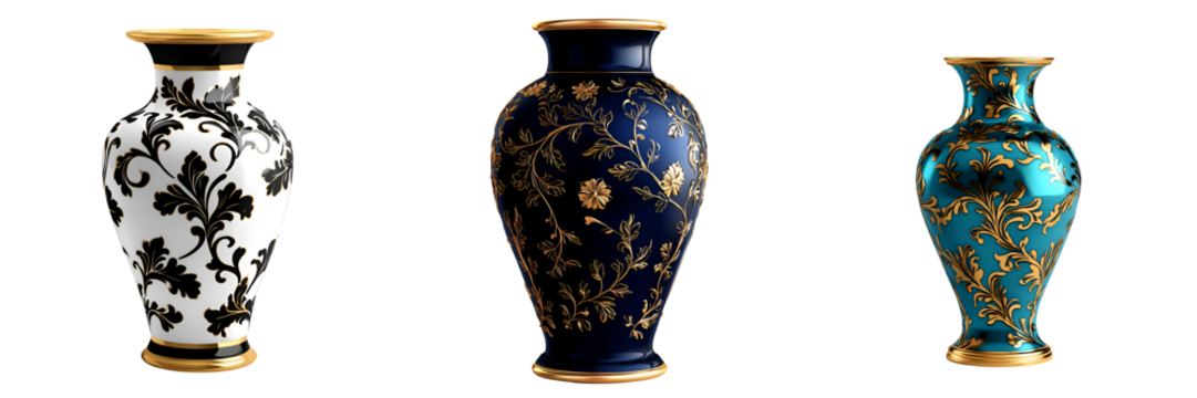 Three exquisitely designed vases featuring intricate patterns in contrasting colors against a dark background.