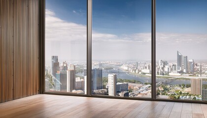Modern office with a wooden partition wall and glass windows overlooking cityscape. 3D Rendering