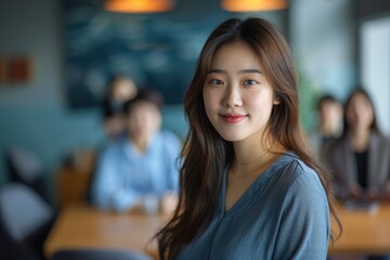 Obraz premium Confident Asian businesswoman in modern office with colleagues.