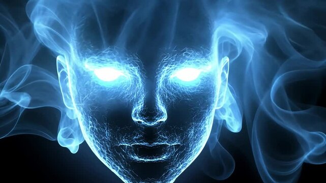 Mystical blue ethereal figure with glowing eyes emerging from wisps of smoke in a dark space
