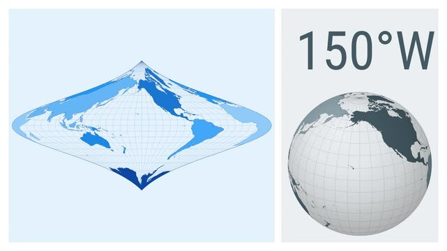 World Map Animation. Foucaut stereographic equivalent projection. Colored continents style. Animated world map in Foucaut projection. Loopable animation showing longitude shift and matching globe.