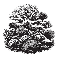 Coral reef underwater silhouette vector art black color design and solid white background 