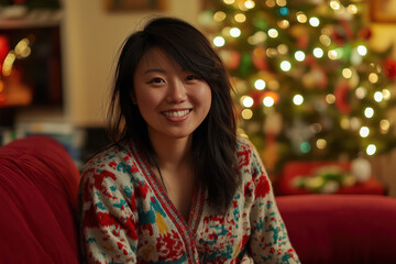 Obraz premium smiling young woman in festive christmas pajamas sitting comfortably at home with a decorated tree in the background