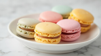 Delicious pastel-colored macarons arranged artistically on a white dish